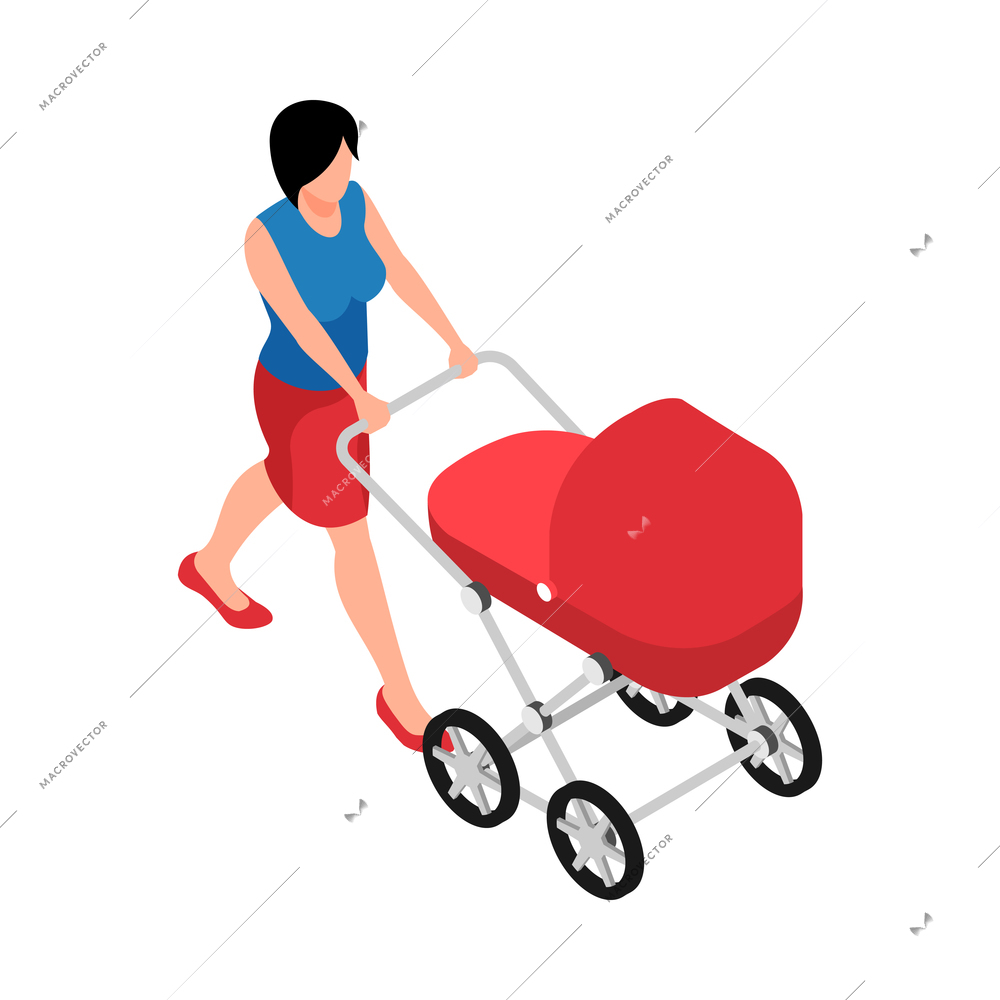 Isometric motherhood icon with young woman walking with red baby carriage 3d vector illustration