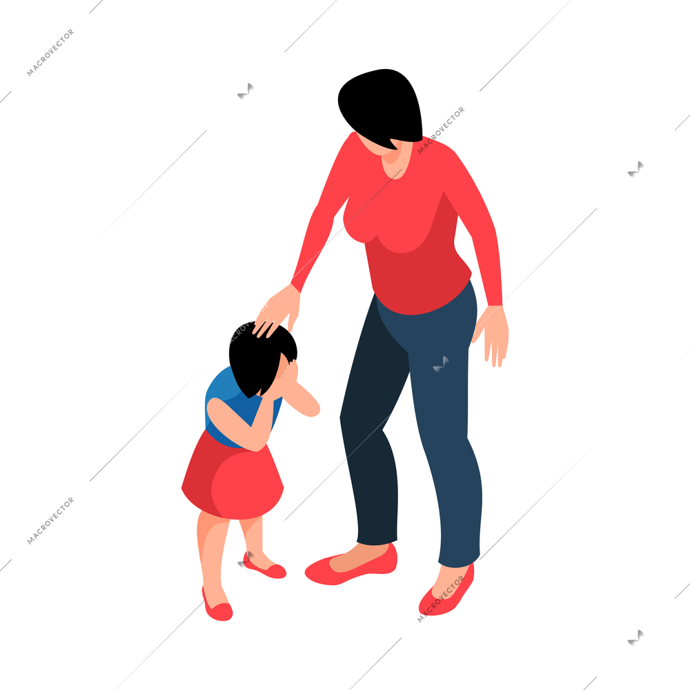 Motherhood isometric icon with mum and crying daughter 3d vector illustration