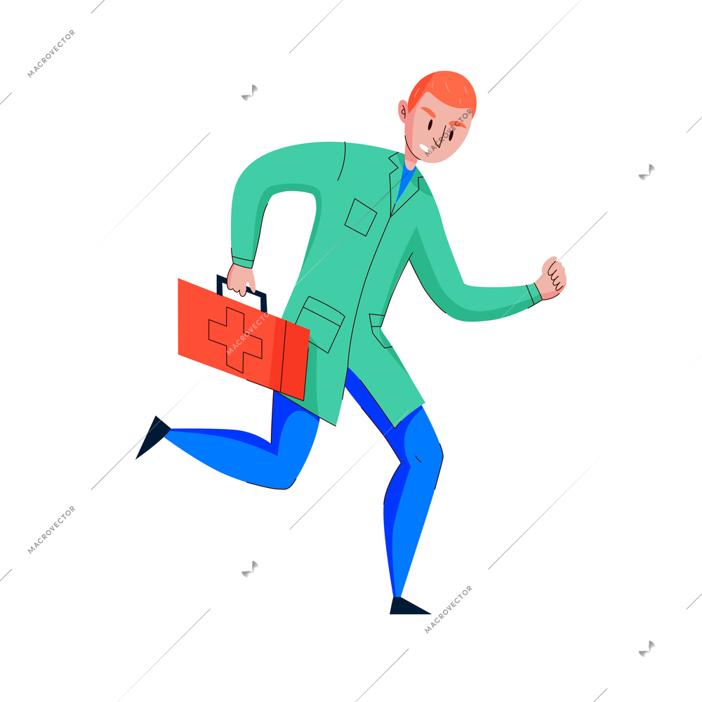 Doctor paramedic running with first aid kit flat vector illustration