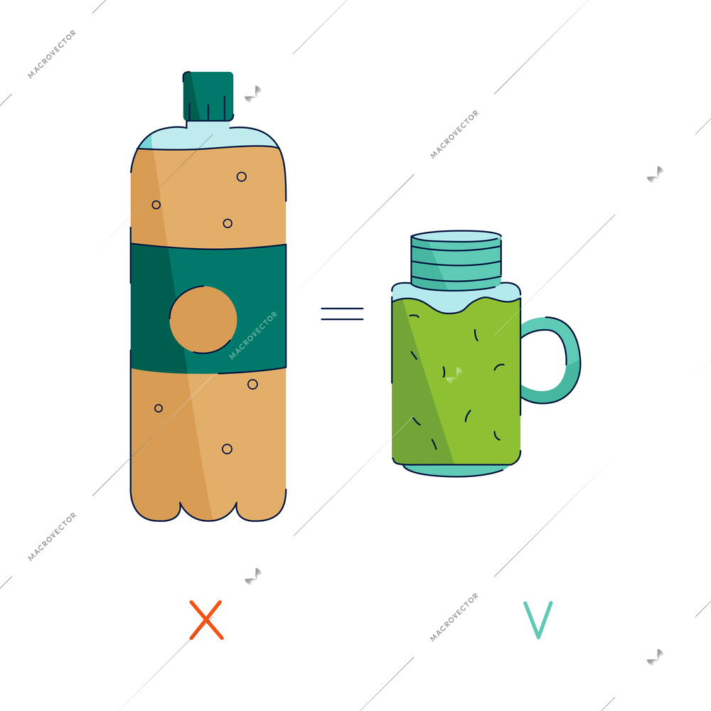 Zero waste sorting choosing natural materials flat concept with plastic and reusable bottles vector illustration