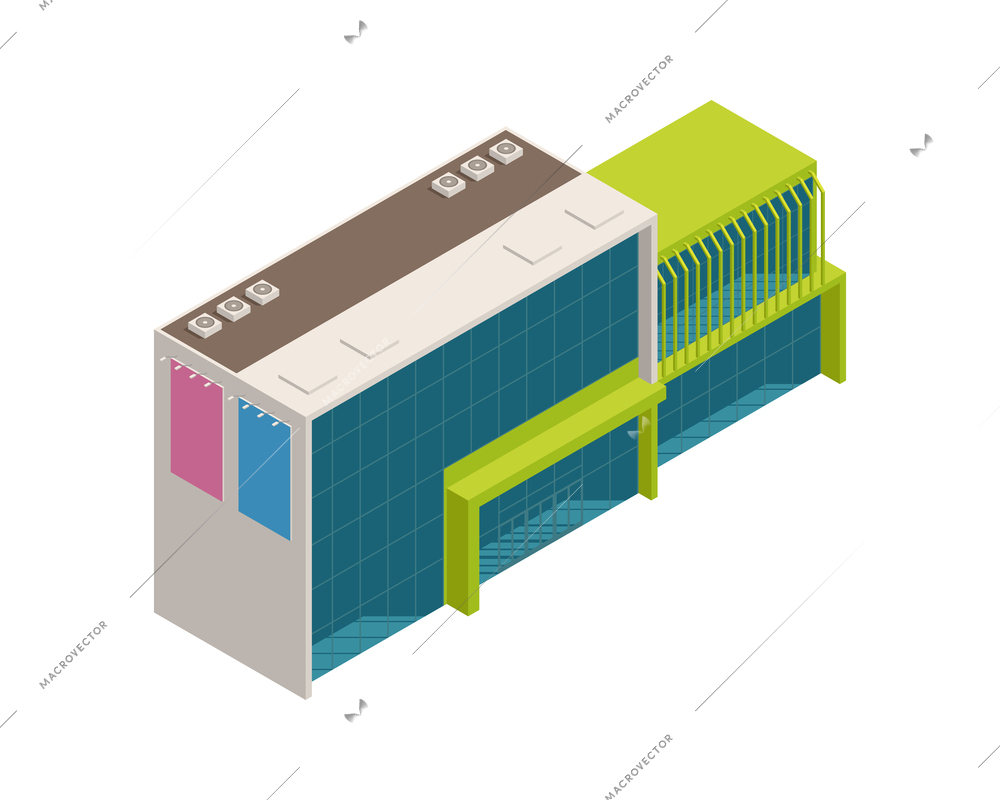 Isometric shopping centre building with glass wall and advertising banners 3d vector illustration