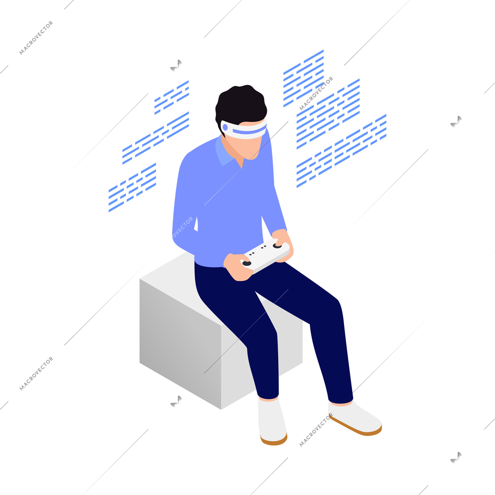 Man playing video game using virtual reality headset 3d isometric vector illustration