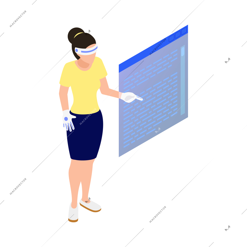 Woman using augmented reality headset interacting with virtual screen 3d isometric vector illustration