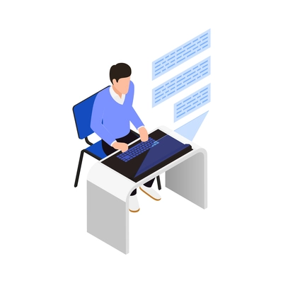 Augmented reality isometric concept with man working on laptop and interacting with virtual interface 3d vector illustration