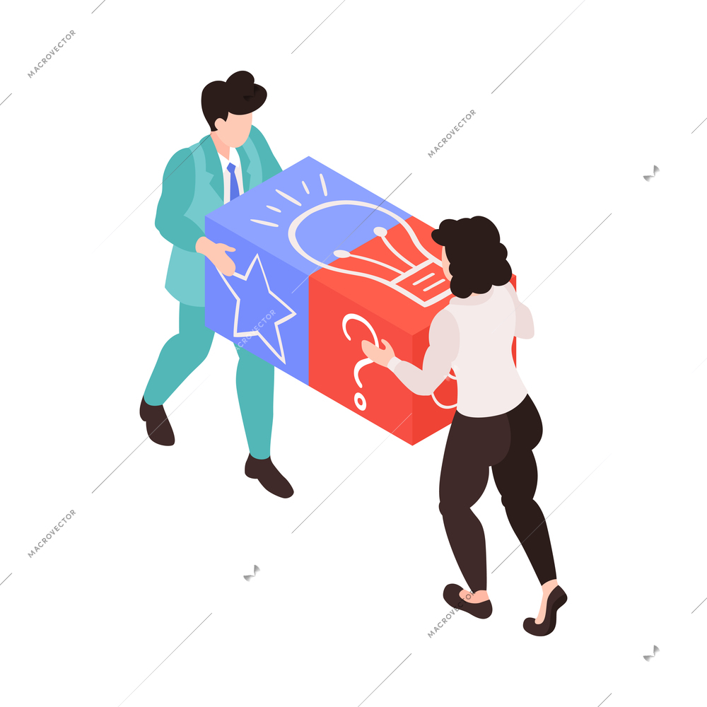 Teamwork isometric concept with two coworkers connecting blocks 3d vector illustration