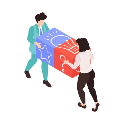 Teamwork isometric concept with two coworkers connecting blocks 3d vector illustration