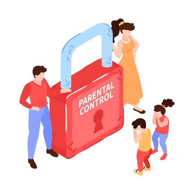 Isometric parental control concept with characters of parents children and red lock 3d vector illustration