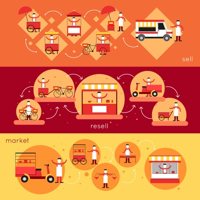 Street food horizontal banner set with sell resell market elements isolated vector illustration