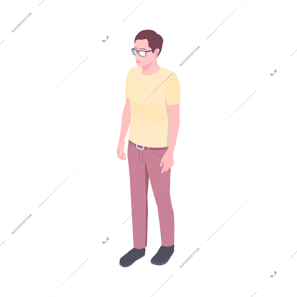 Isometric young man in casual clothes wearing glasses 3d vector illustration