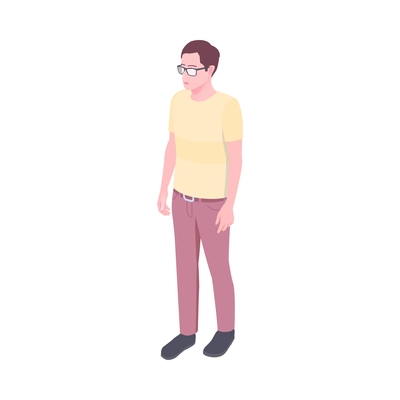 Isometric young man in casual clothes wearing glasses 3d vector illustration