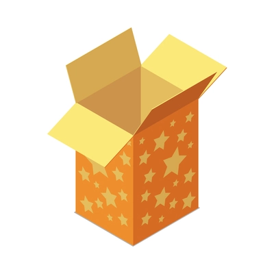 Isometric empty orange cardboard gift box with stars 3d vector illustration