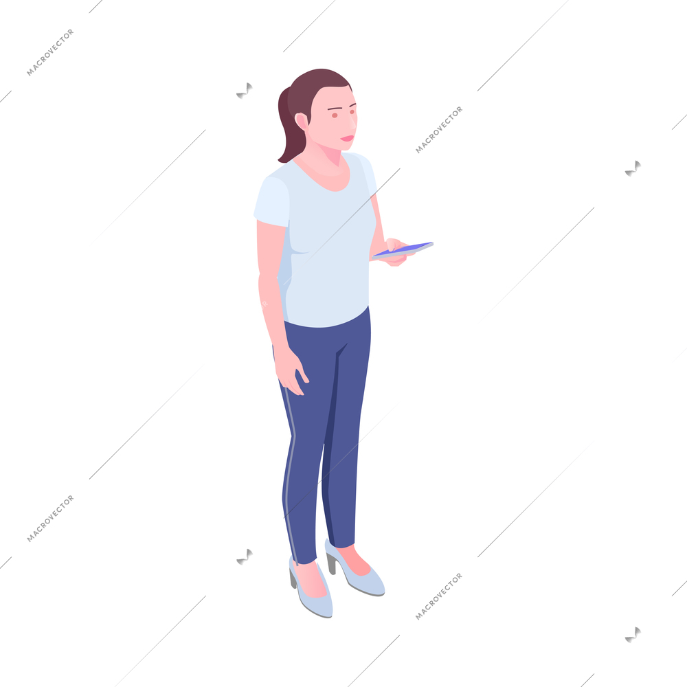 Isometric young woman holding smartphone in hand 3d vector illustration