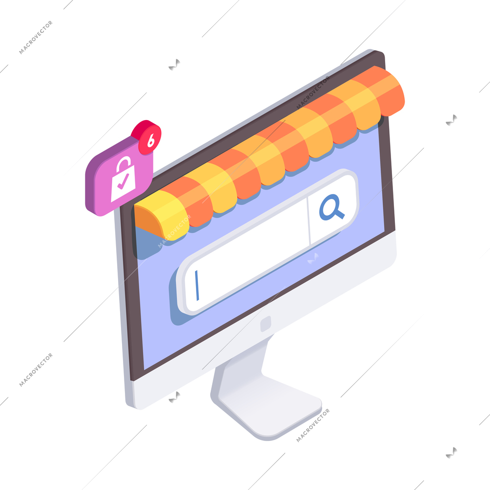 Ecommerce online shopping isometric icon with computer monitor and goods in cart 3d vector illustration