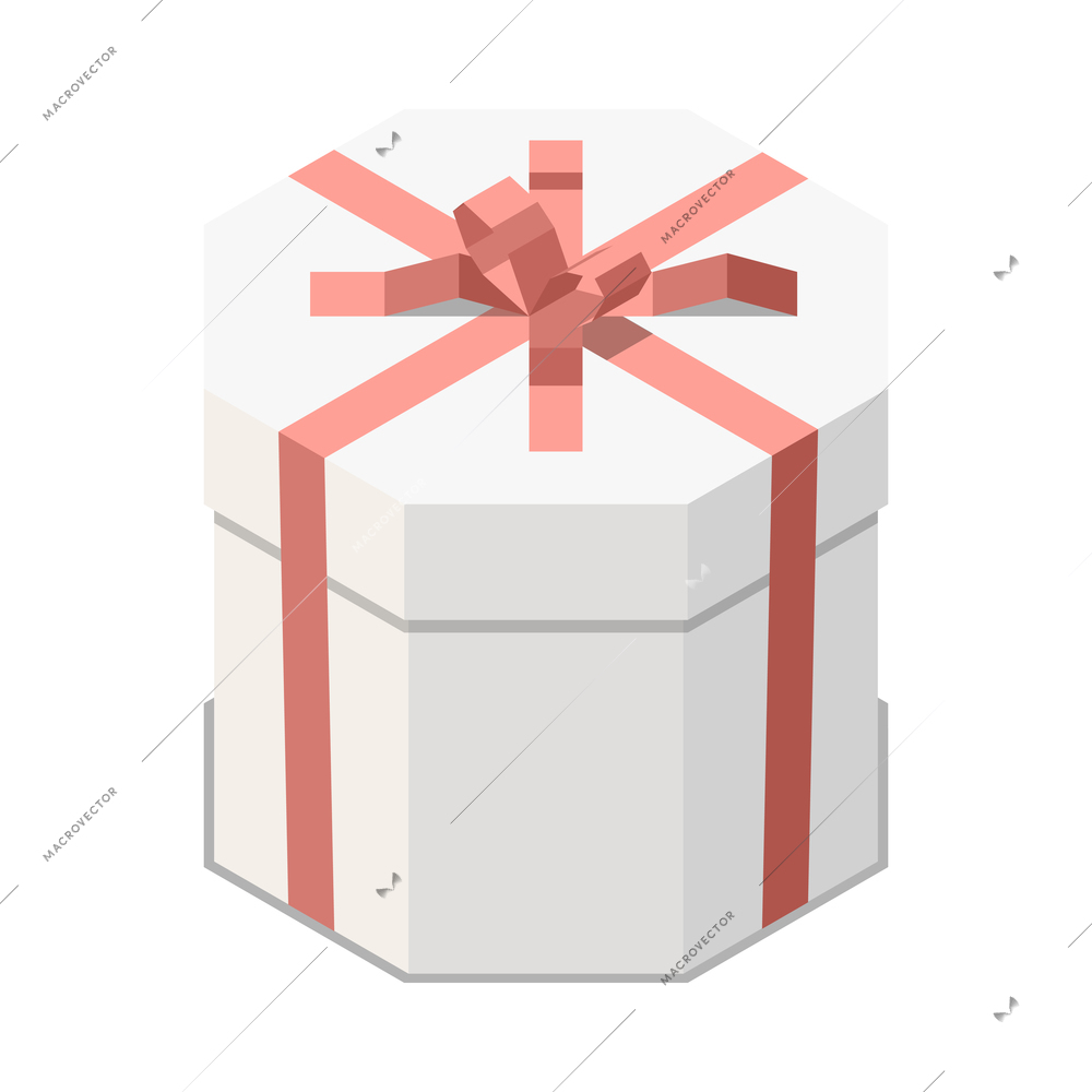 Isometric round white cardboard gift box with ribbon bow 3d vector illustration