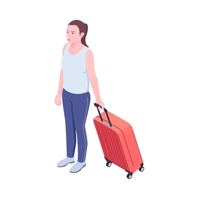 Isometric young woman travelling with suitcase 3d vector illustration