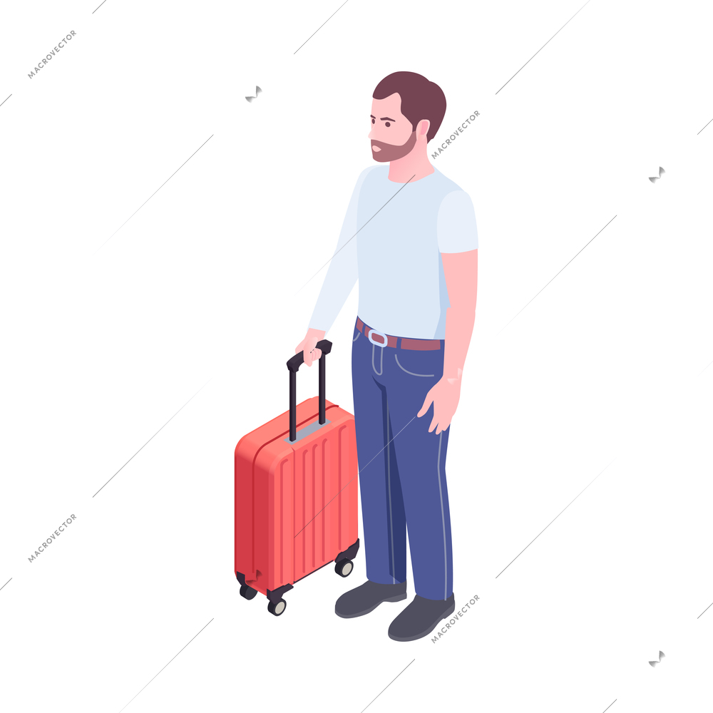 Isometric man travelling with suitcase 3d vector illustration