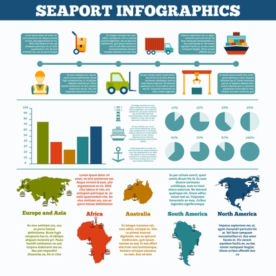 Seaport commercial delivery and shipping business infographics set with charts vector illustration