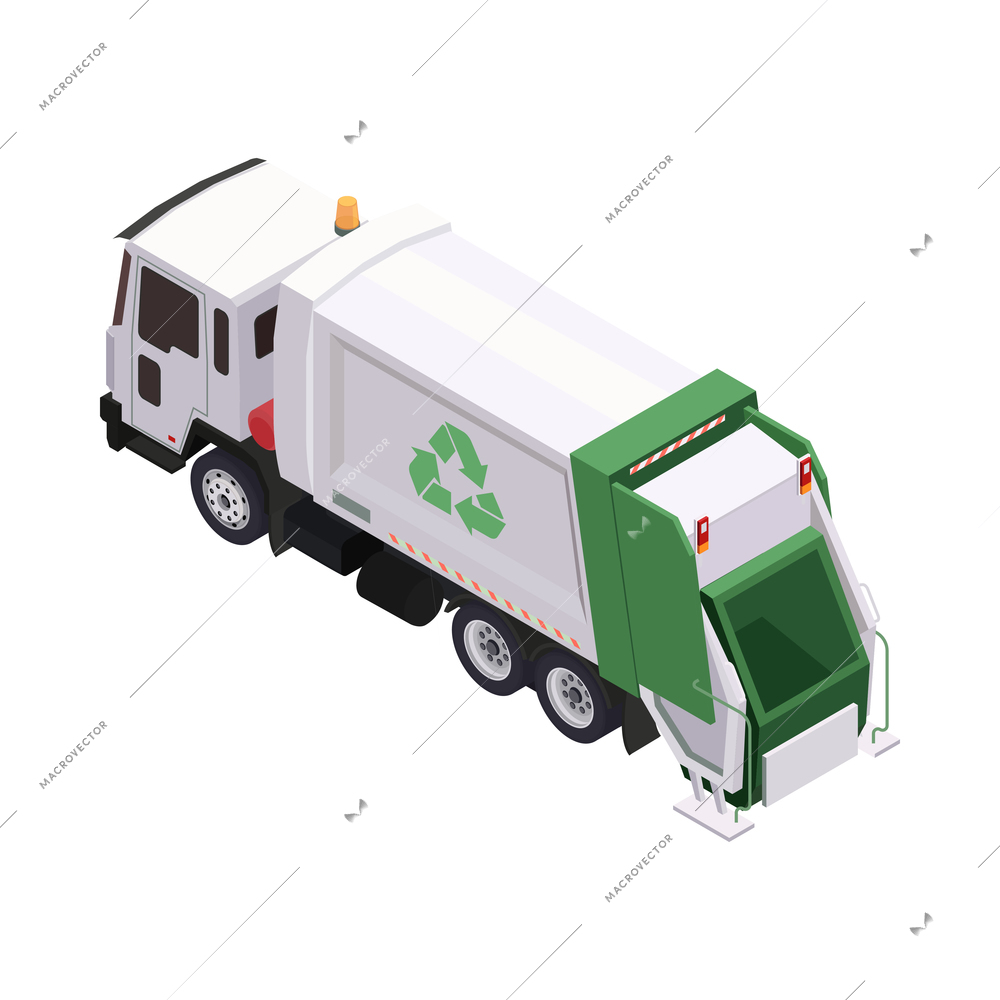 Isometric garbage truck with recycling symbol back view 3d vector illustration