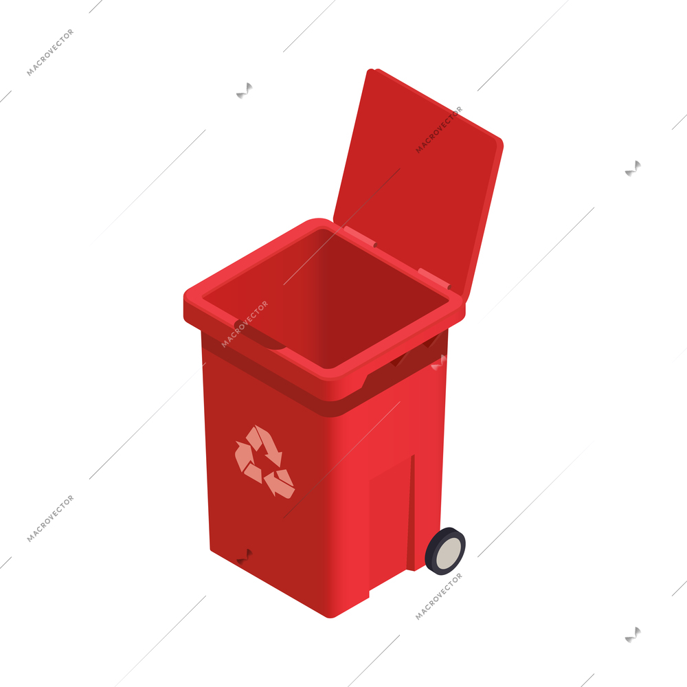 Open red garbage bin with recycling symbol 3d isometric vector illustration