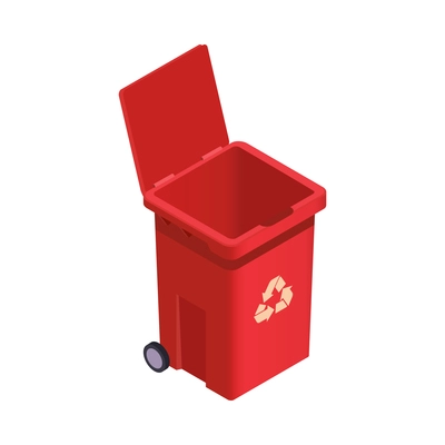 Isometric open red garbage bin with recycle symbol 3d vector illustration