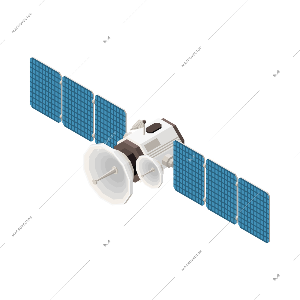 Isometric telecommunication space satellite with dish antennae 3d vector illustration