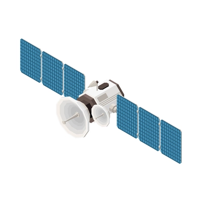 Isometric telecommunication space satellite with dish antennae 3d vector illustration