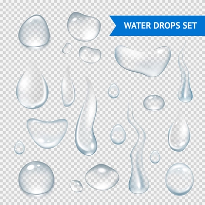 Pure clear water drops realistic set isolated vector illustration