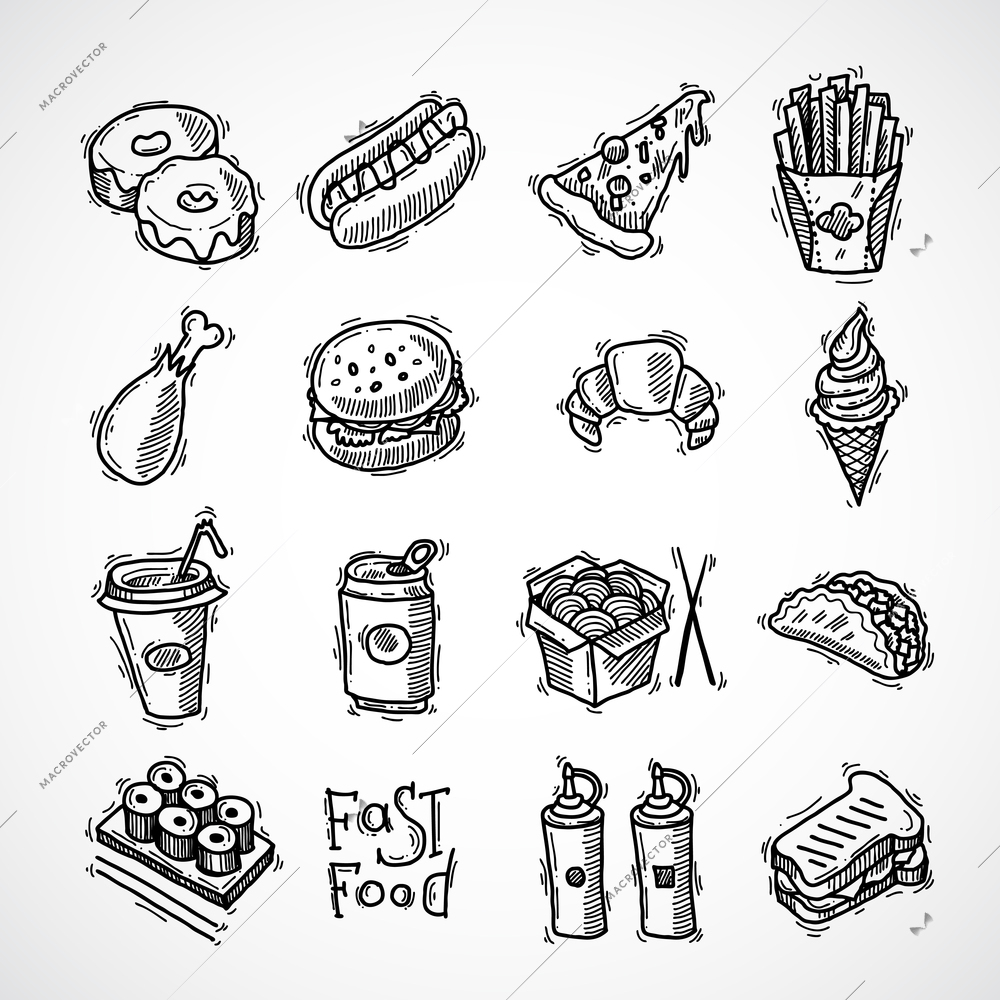 Fast food black sketch decorative icons set  with donut hotdog pizza and french fries isolated vector illustration