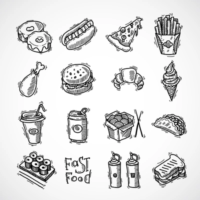 Fast food black sketch decorative icons set  with donut hotdog pizza and french fries isolated vector illustration