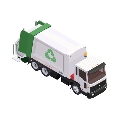 Isometric garbage truck with recycling symbol 3d vector illustration