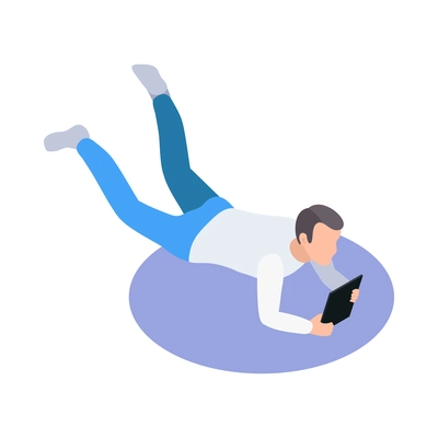 Space exploration isometric icon with person in state of weightlessness with tablet 3d vector illustration