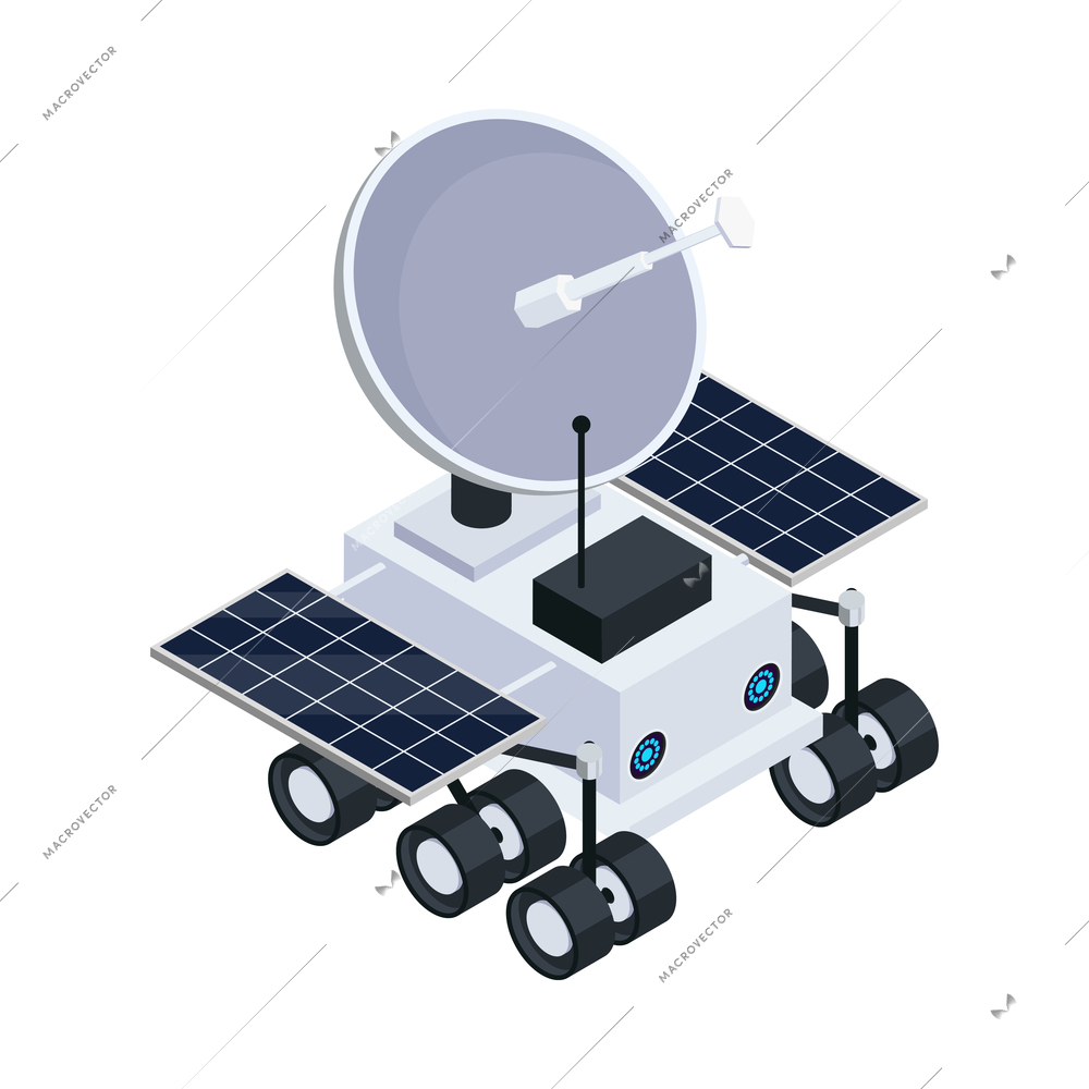 Isometric space rover with dish satellite 3d vector illustration