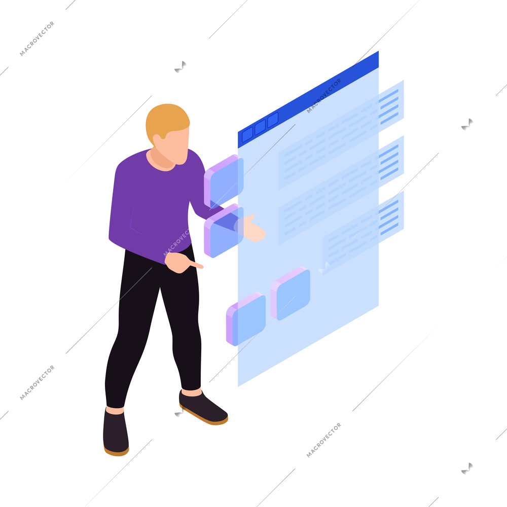 Man using augmented reality technology touching virtual interface 3d isometric vector illustration