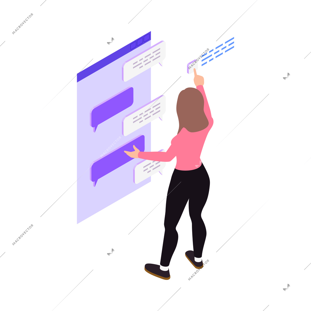 Isometric woman chatting online touching virtual interface 3d vector illustration