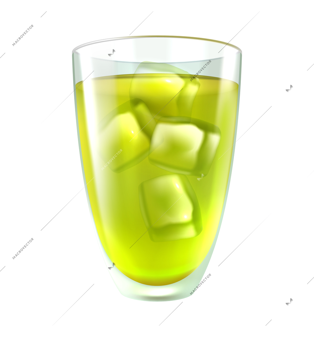 Glass of cold green tea with ice cubes realistic vector illustration