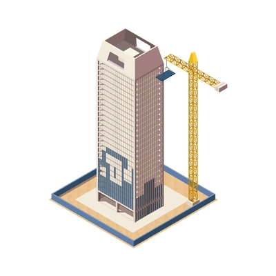 City skyscraper construction process isometric icon with unfinished building and crane 3d vector illustration