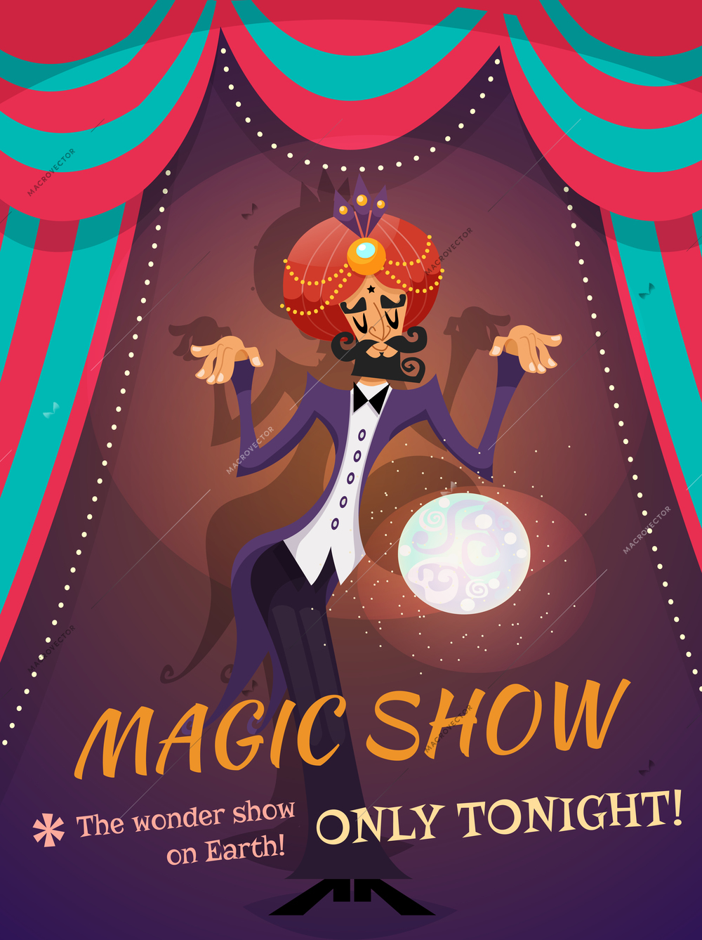 Circus poster with magician sphere and magic show text vector illustration