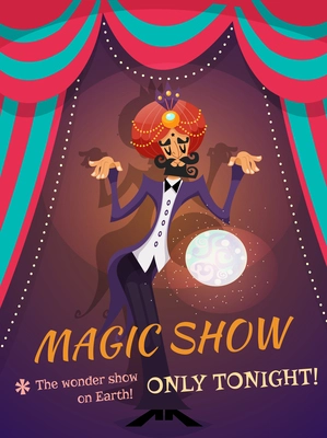 Circus poster with magician sphere and magic show text vector illustration
