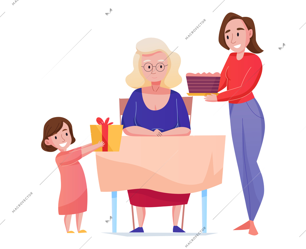 Women generation with family congratulating grandmother on birthday flat vector illustration