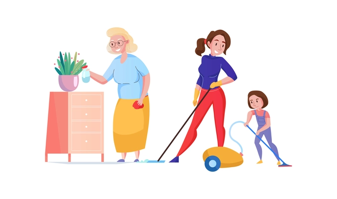 Women generation with grandma mum and girl cleaning room together flat vector illustration