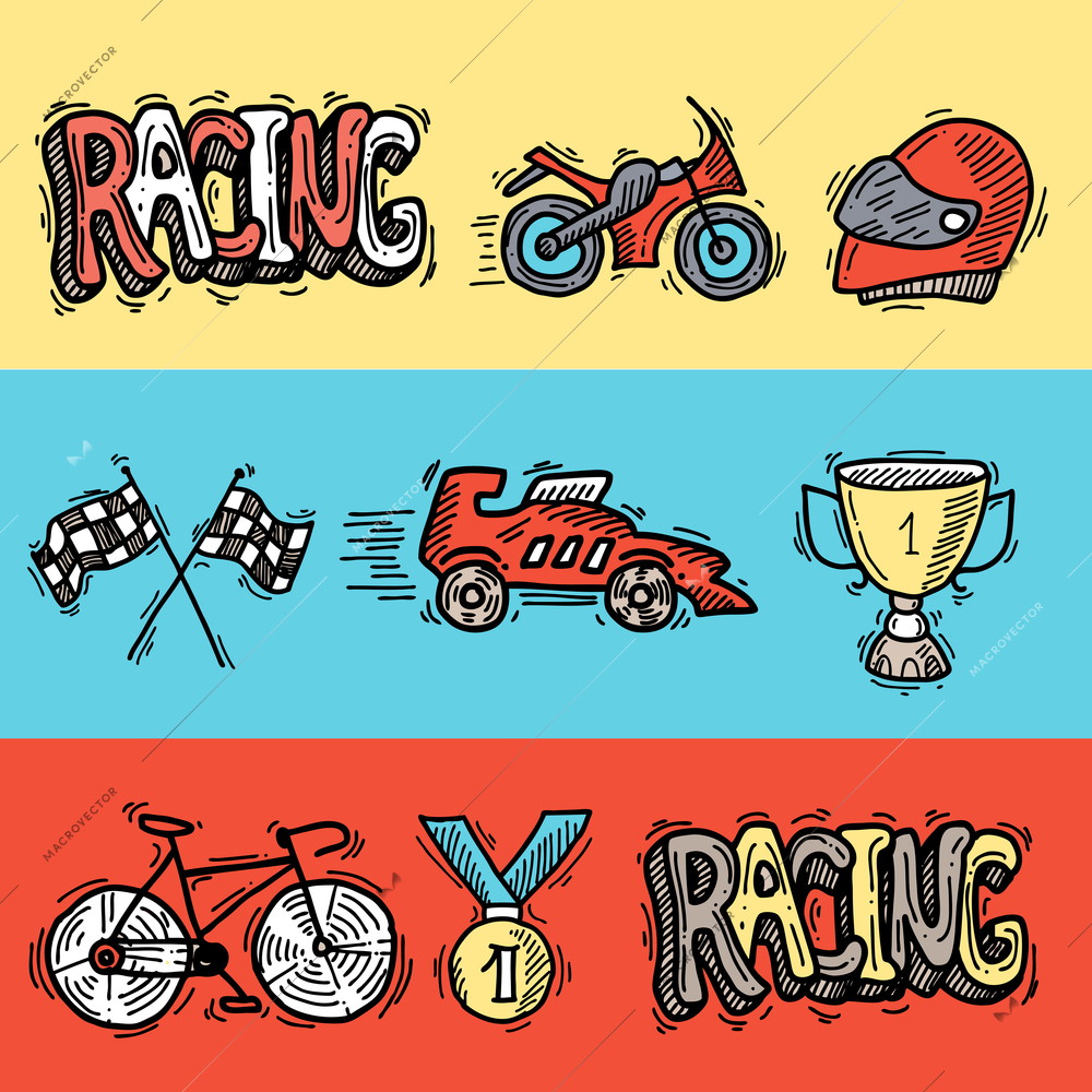 Racing auto sport car competition sketch horizontal banners set isolated vector illustration