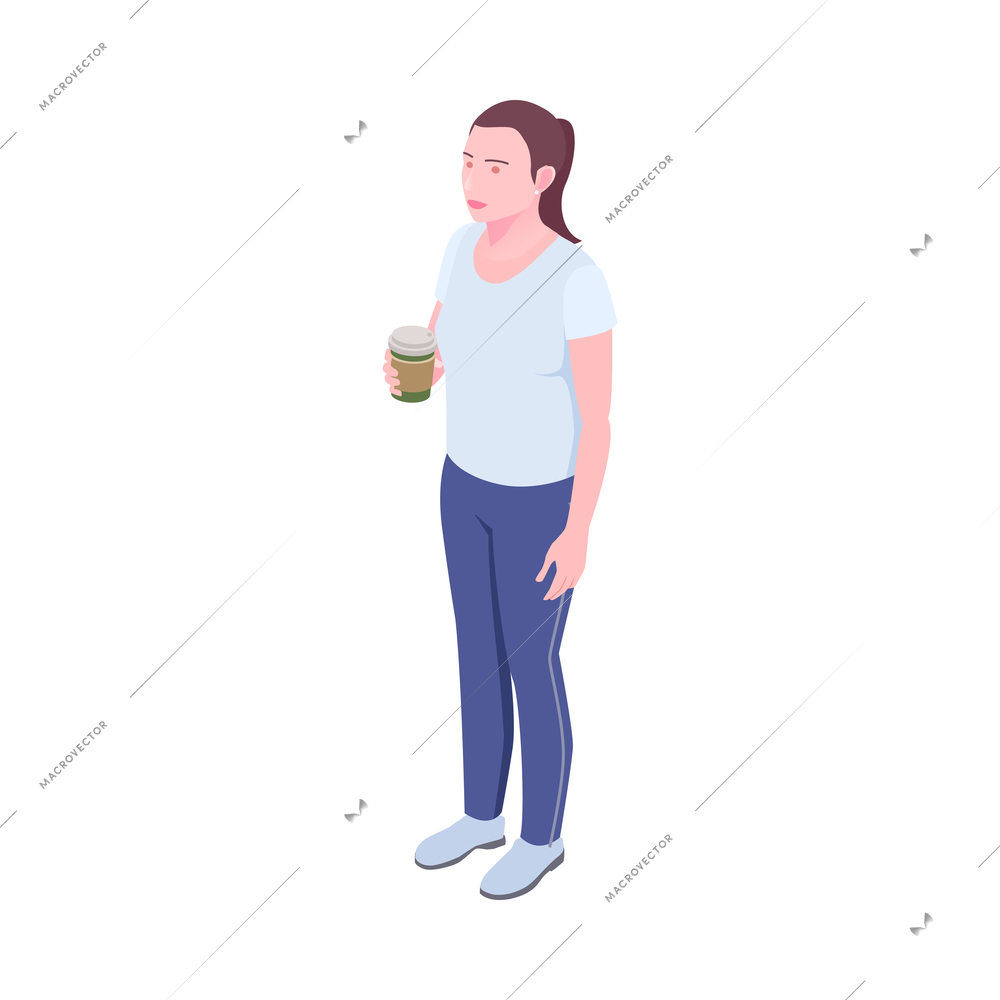 Young woman with cup of coffee isometric female character 3d vector illustration