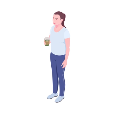 Young woman with cup of coffee isometric female character 3d vector illustration