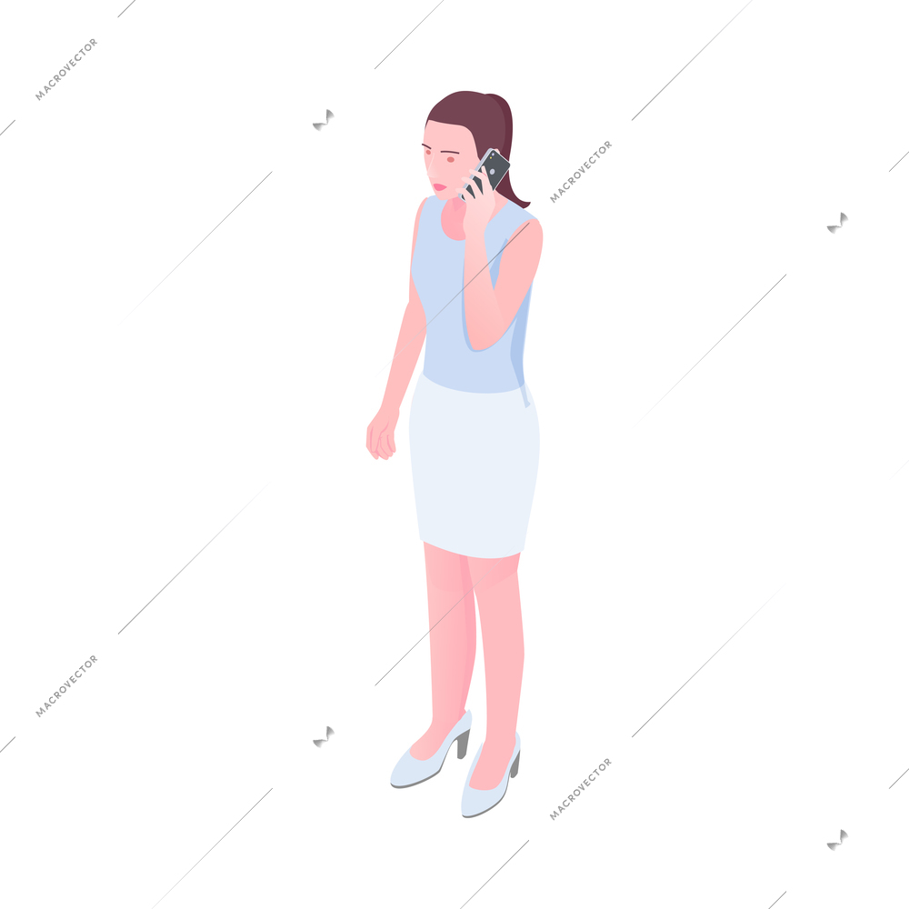 Young woman in white skirt talking on smartphone 3d isometric vector illustration