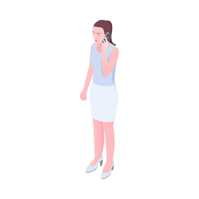 Young woman in white skirt talking on smartphone 3d isometric vector illustration