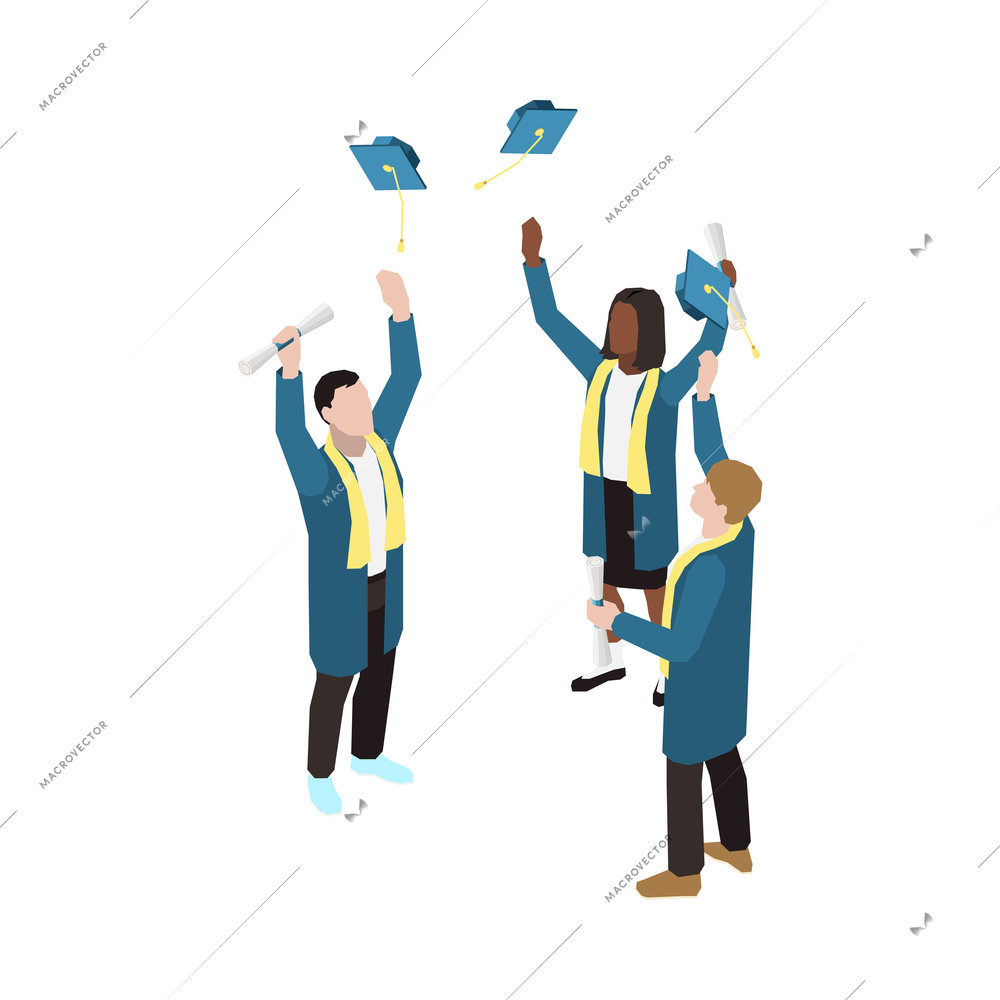 Three happy university graduates throwing caps in air 3d isometric vector illustration