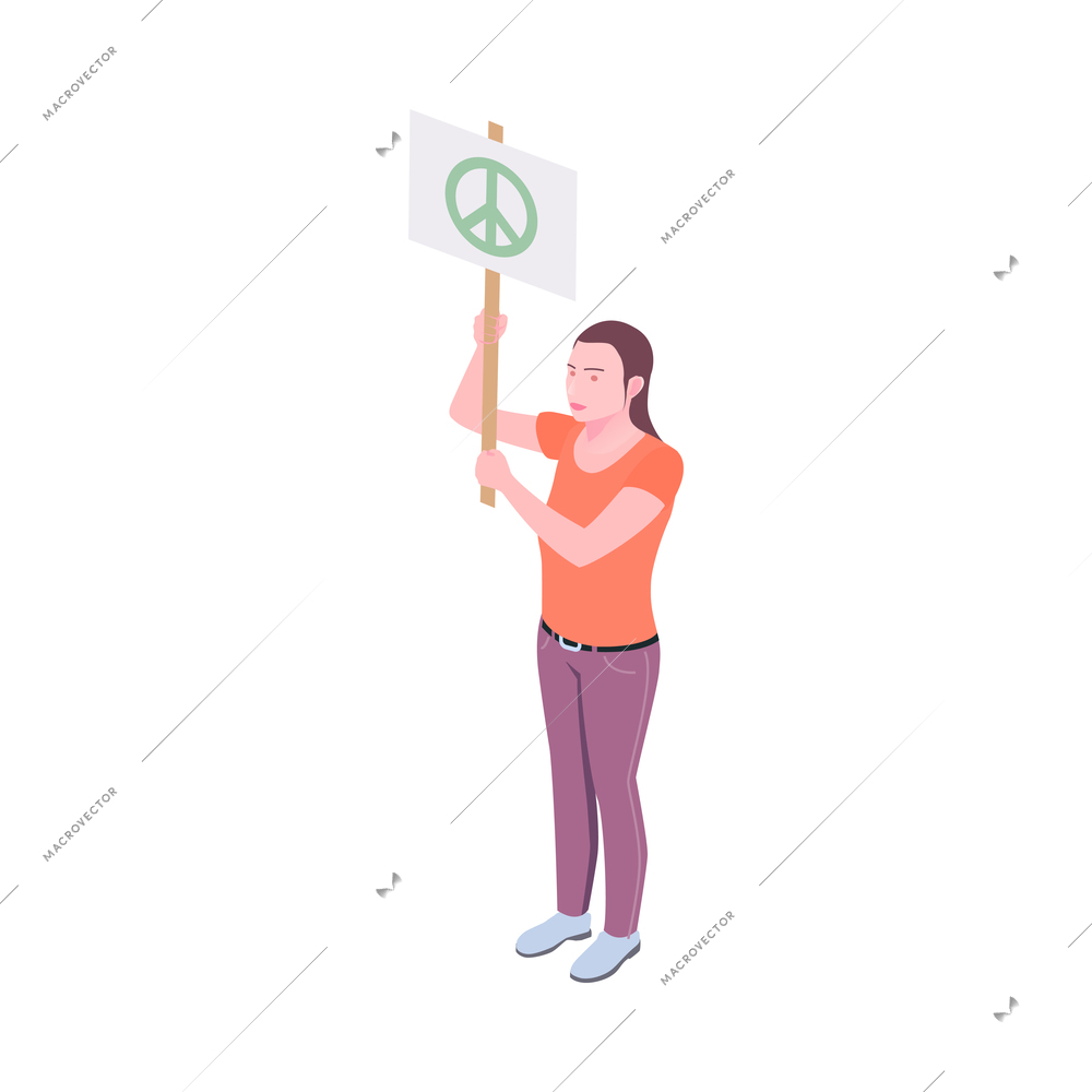 Isometric woman activist holding placard with green peace sign 3d vector illustration