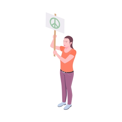 Isometric woman activist holding placard with green peace sign 3d vector illustration