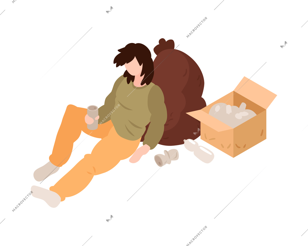 Isometric drunk homeless person with can sitting in street 3d vector illustration