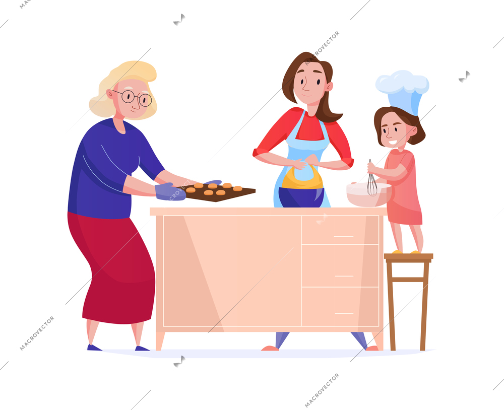 Women generation with female characters cooking together at home flat vector illustration